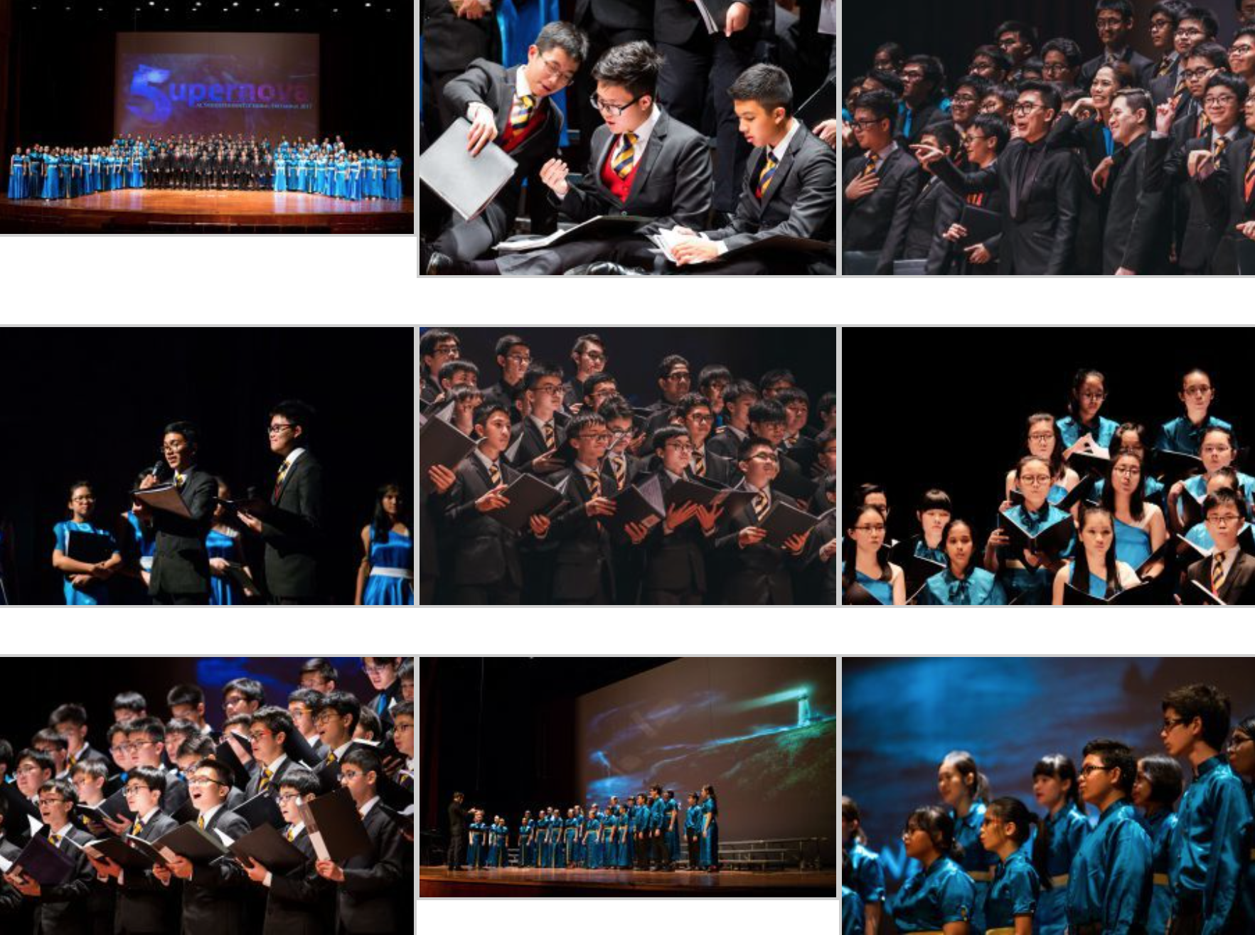 Nine photos of student choir groups in formal attire performing on stage, holding music folders and singing.